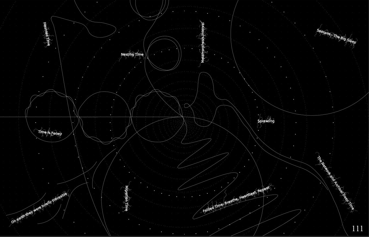 A black diagram of concentric rings and looping white lines annotated with names of different kinds of time.