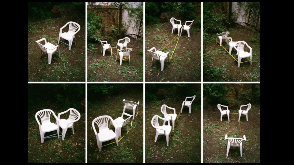 A grid of eight photographs of white plastic garden chairs arranged in pairs and tied together with yellow rope.