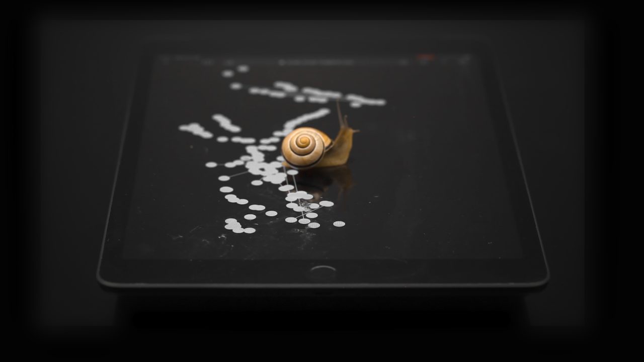 A garden snail crawling across a tablet screen, leaving a trail of white dots and marks behind it.