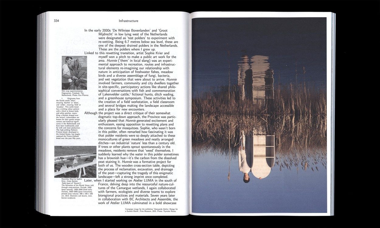 A spread from Water Works showing a text page and a full-bleed photograph of a boat reflected in still water at dusk.